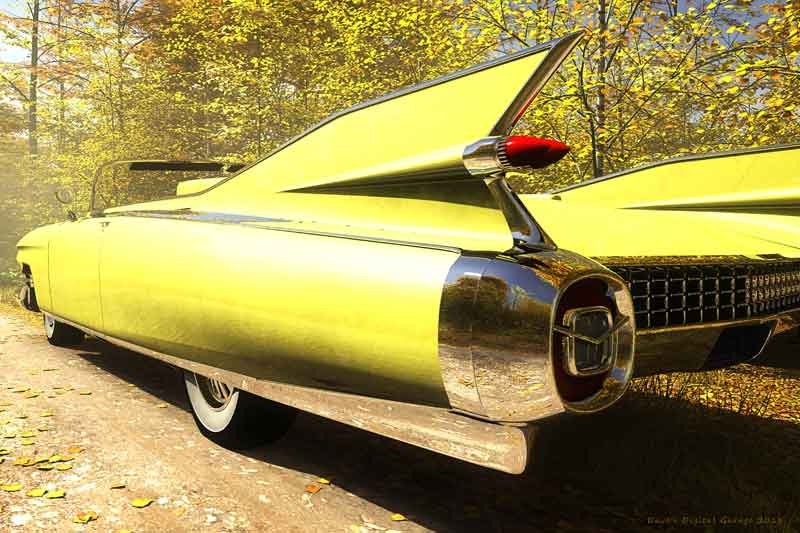 1959 Cadillac Biarritz convertible parked on the side of a dirt road in an Autumn forest.